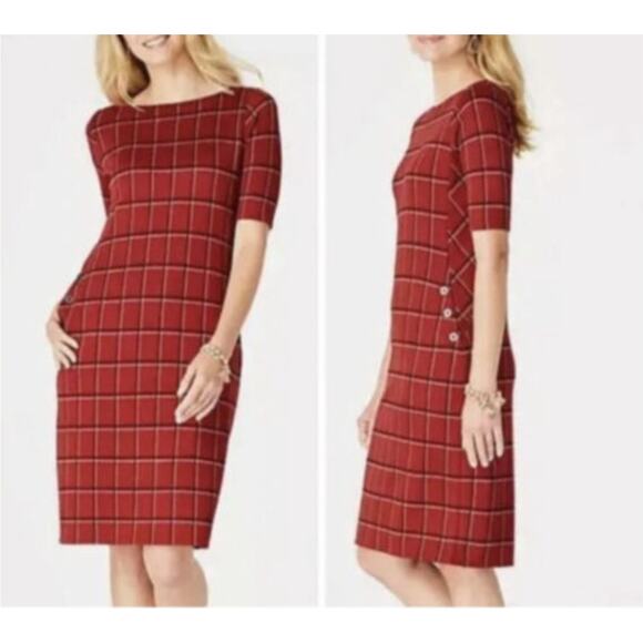 J. Jill Ponte Knit Red Plaid Windowpane Short Sleeve Midi Dress M 8/10 Fall - Picture 1 of 8